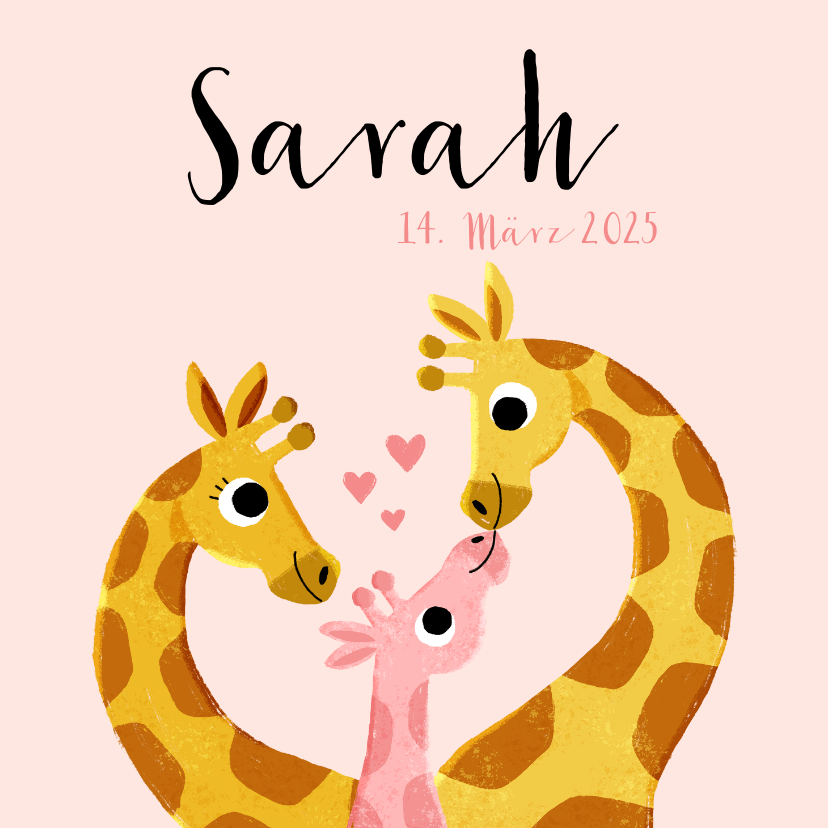 Geburtskarten - Geburtskarte Giraffenfamilie rosa und Foto innen