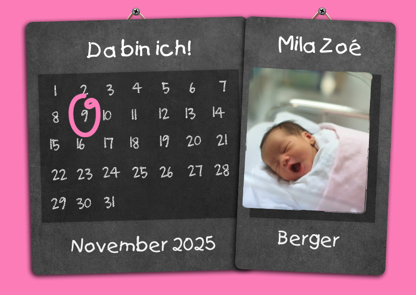 Geburtskarten - Geburtskarte Kalender rosa auf Kreidetafel mit Foto