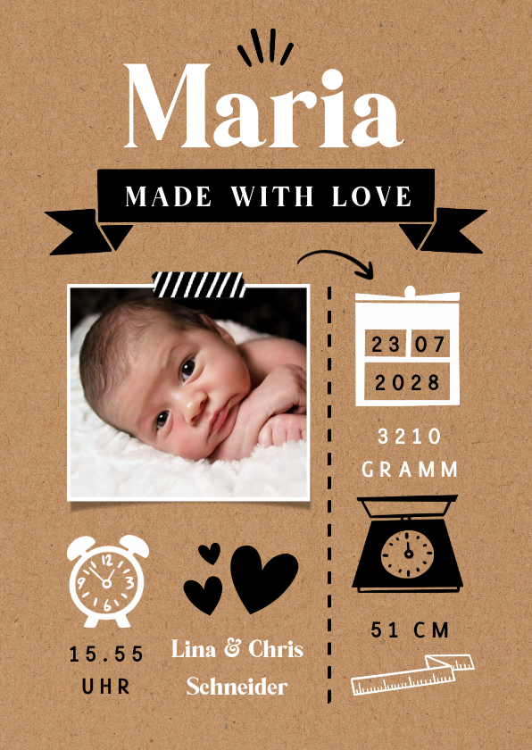 Geburtskarten - Geburtskarte Kraftlook mit kleinen Designelementen & Foto