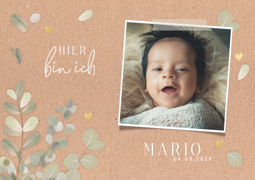 Geburtskarten - Geburtskarte Kraftlook, zarte Blätter, Foto & Golddruck