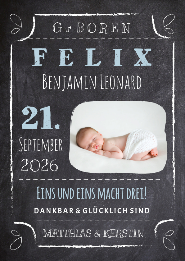 Geburtskarte Kreidetafel mit Foto blau - Geburtskarten Geburtskarten - Geburtskarte Kreidetafel mit Foto blau