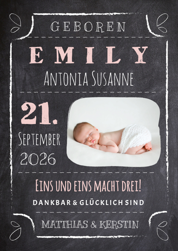 Geburtskarte Kreidetafel mit Foto rosa - Geburtskarten Geburtskarten - Geburtskarte Kreidetafel mit Foto rosa