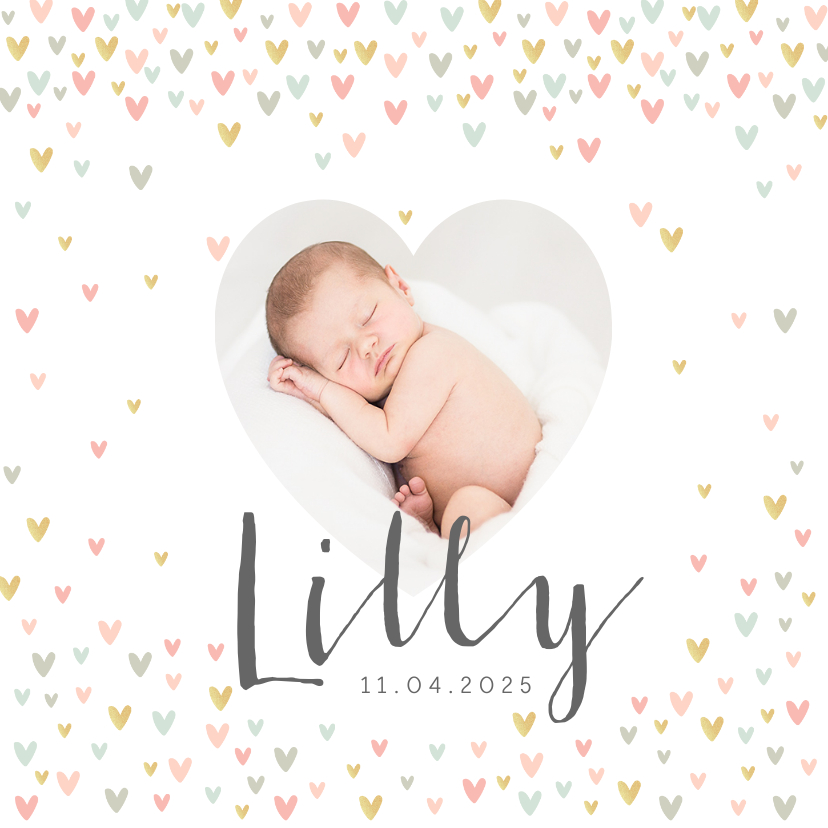 Geburtskarten - Geburtskarte mit Foto in Herzform & kleinen Herzchen