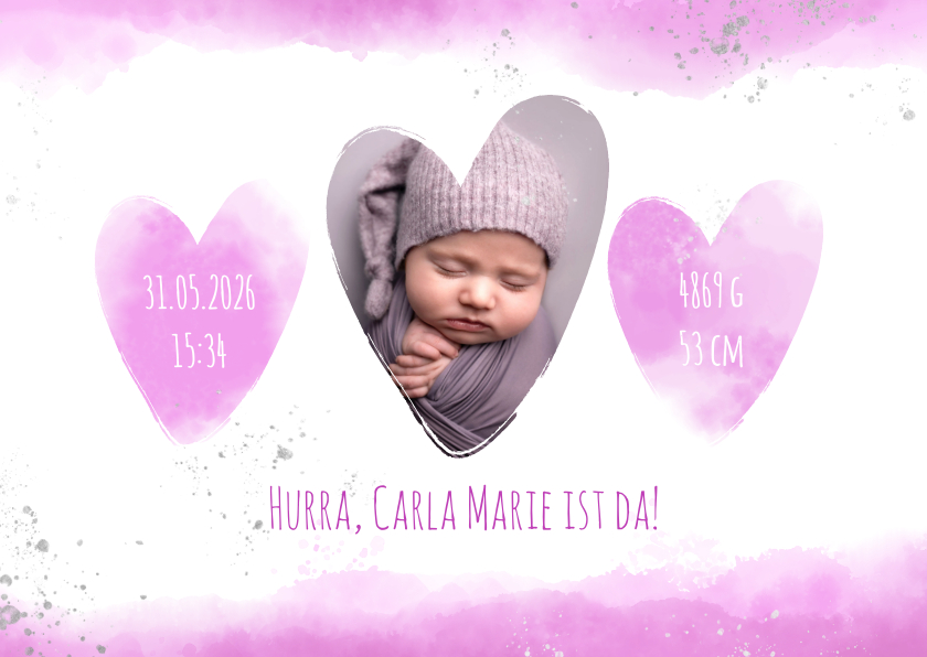 Geburtskarten - Geburtskarte mit Foto und rosa Herzen
