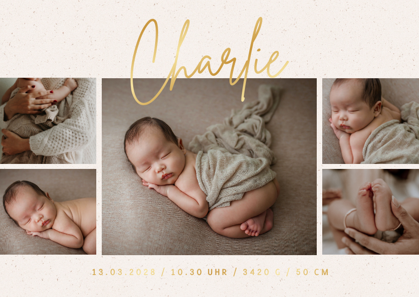 Geburtskarten - Geburtskarte mit Fotocollage & Name in Golddruck