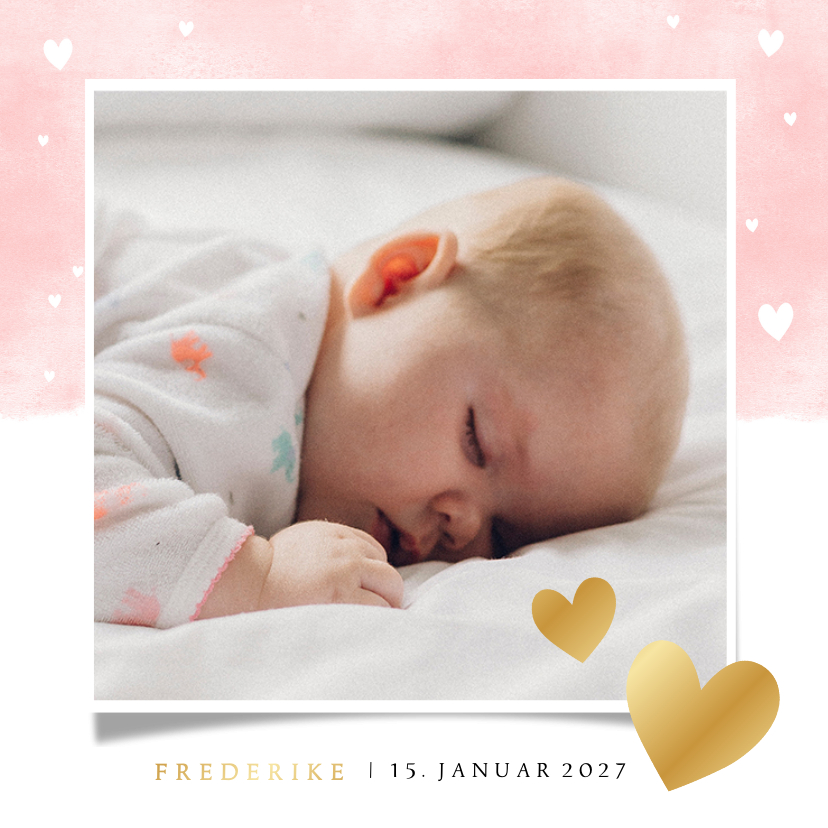 Geburtskarten - Geburtskarte mit Fotos Auqarelloptik mit Herzen rosa