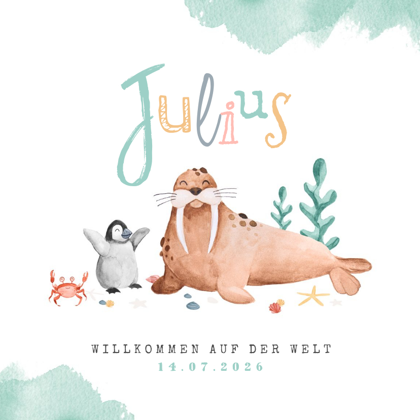 Geburtskarten - Geburtskarte mit Walross und Foto innen