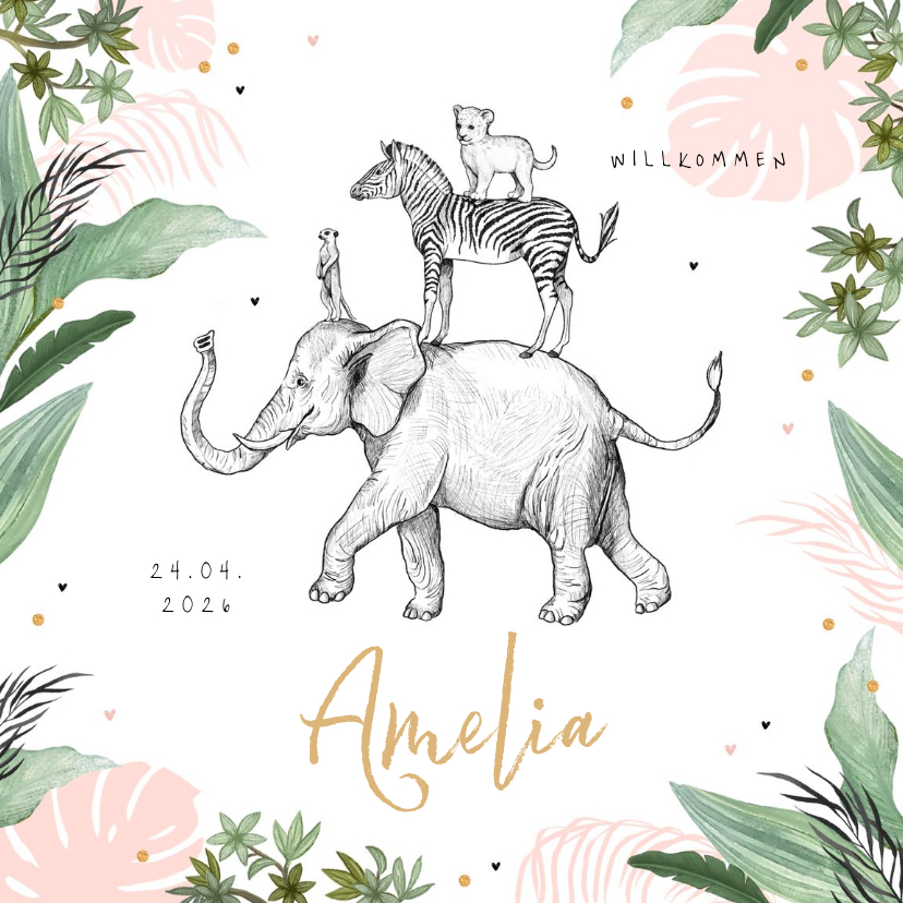 Geburtskarten - Geburtskarte rosa Dschungel Tiere und Konfetti