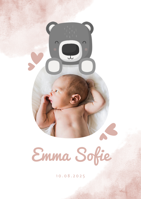 Geburtskarten - Geburtskarte rosa Wasserfarbe mit Foto & Bär