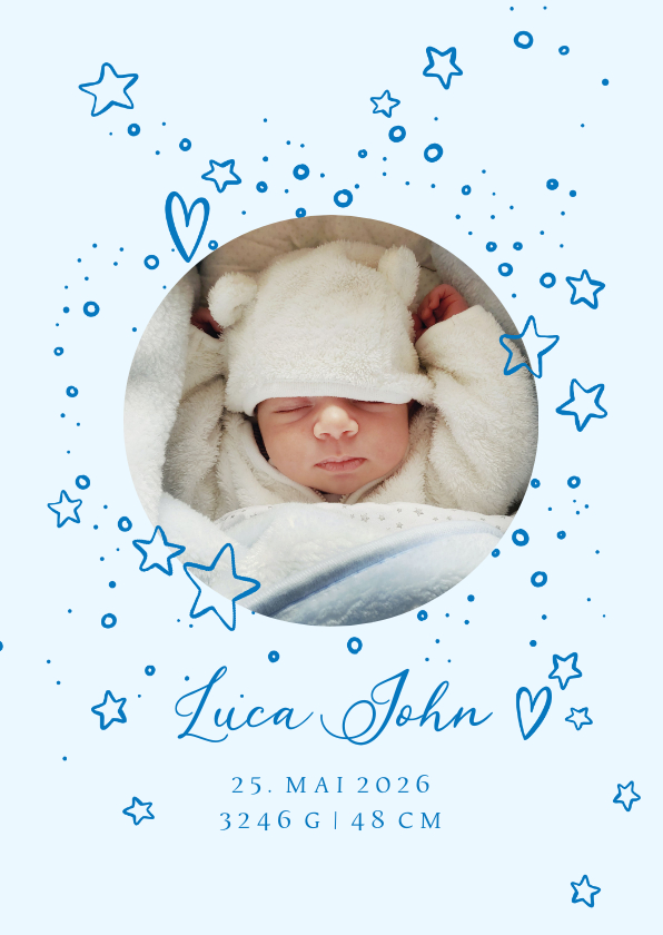 Geburtskarten - Geburtskarte rundes Foto und Sterne blau