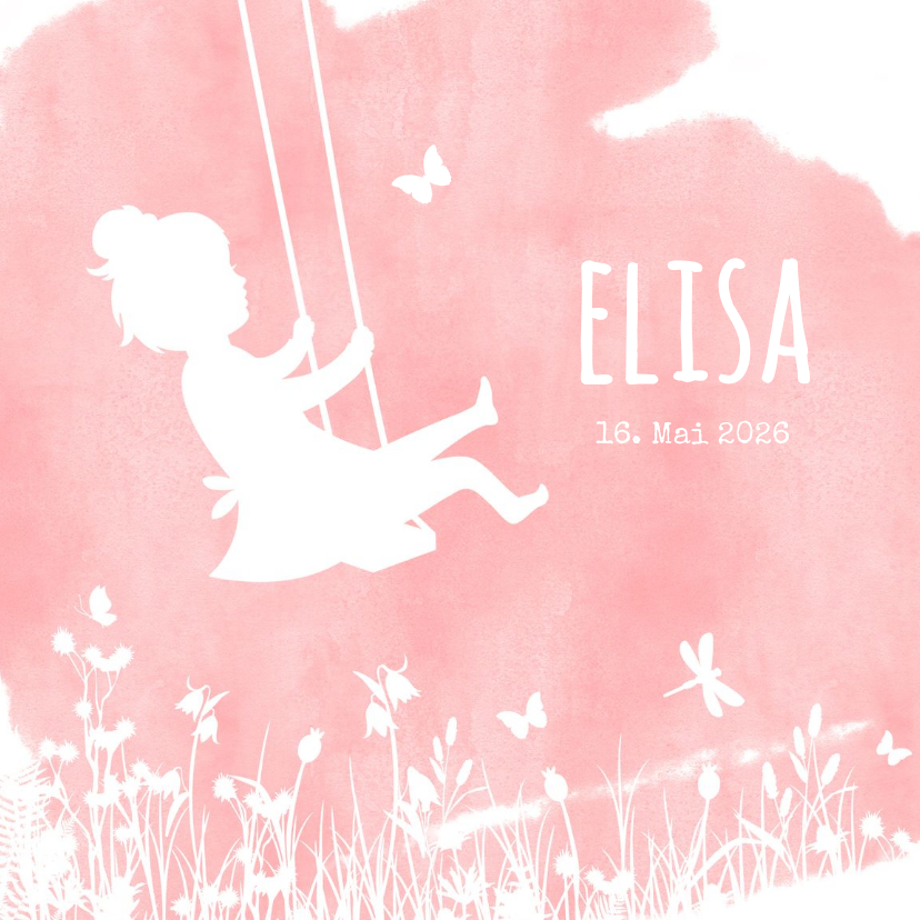 Geburtskarten - Geburtskarte Scherenschnitt Mädchen auf Schaukel