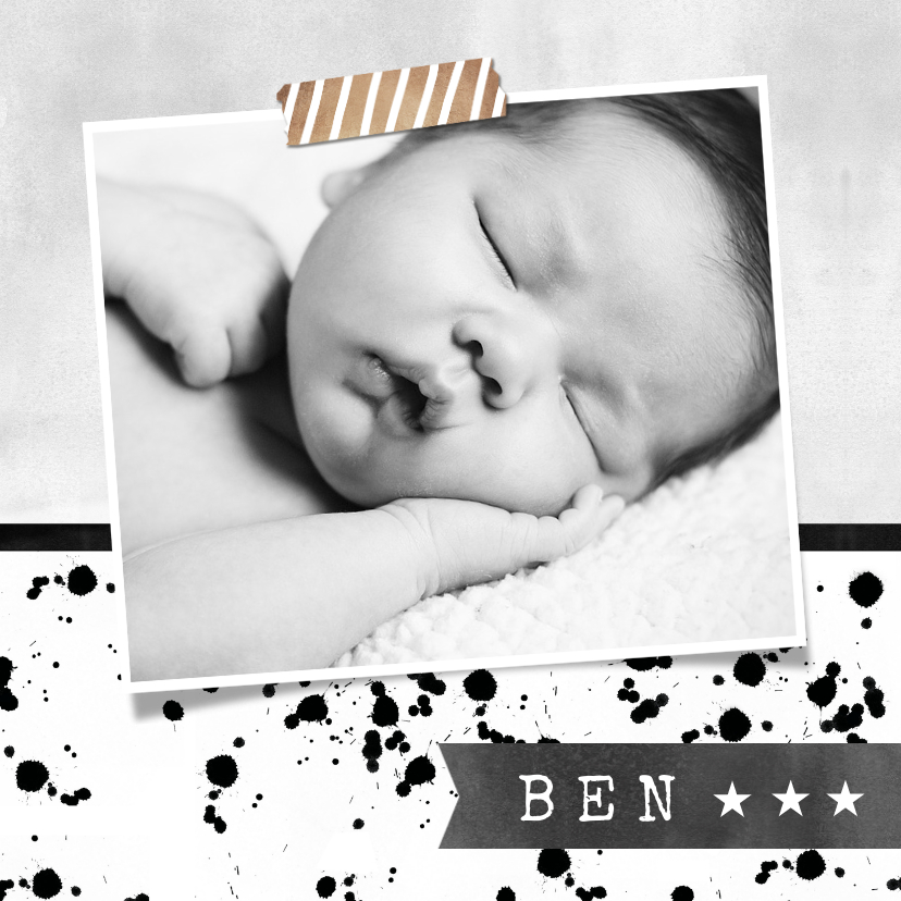 Geburtskarten - Geburtskarte schwarz-weiß mit Foto und Farbspritzern