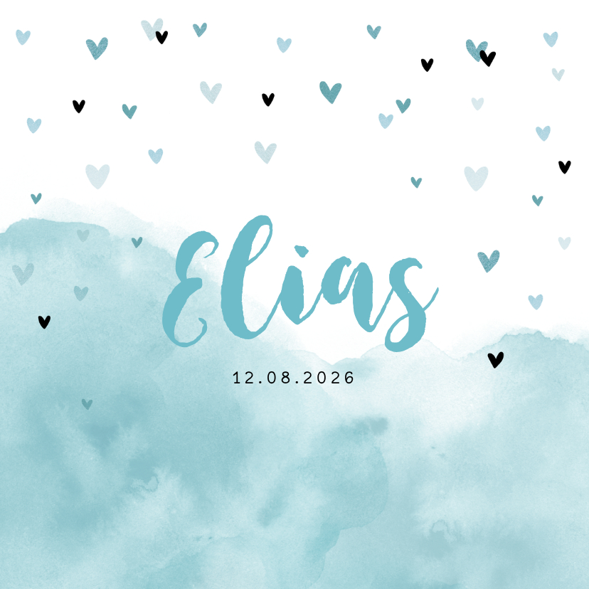 Geburtskarten - Geburtskarte Wasserfarbe & Herzen blau Foto innen