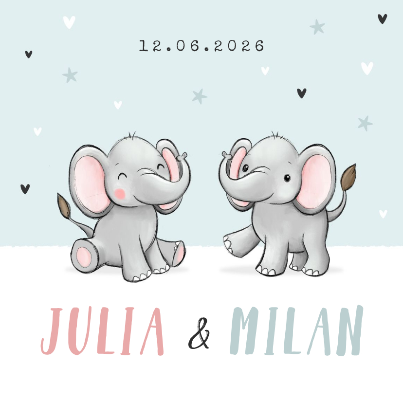 Geburtskarte Zwilling Elefanten hellblau - Geburtskarten Geburtskarten - Geburtskarte Zwilling Elefanten hellblau