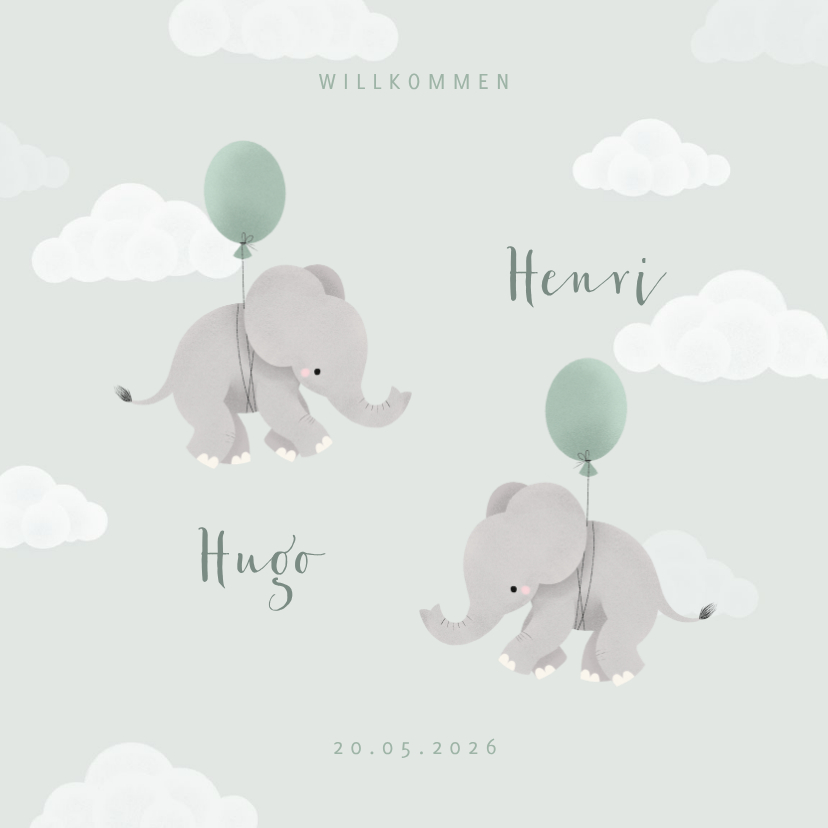 Geburtskarten - Geburtskarte Zwilling Elefanten, Luftballons & Wolken