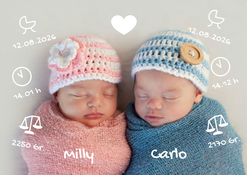 Geburtskarten - Geburtskarte Zwilling Foto & kleine Symbole