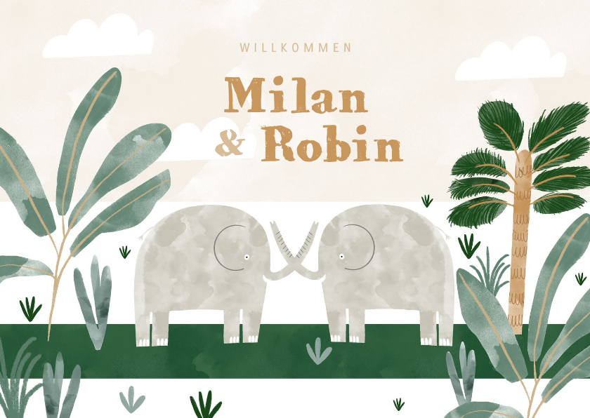 Geburtskarten - Geburtskarte Zwilling mit Elefanten, Wolken und Pflanzen