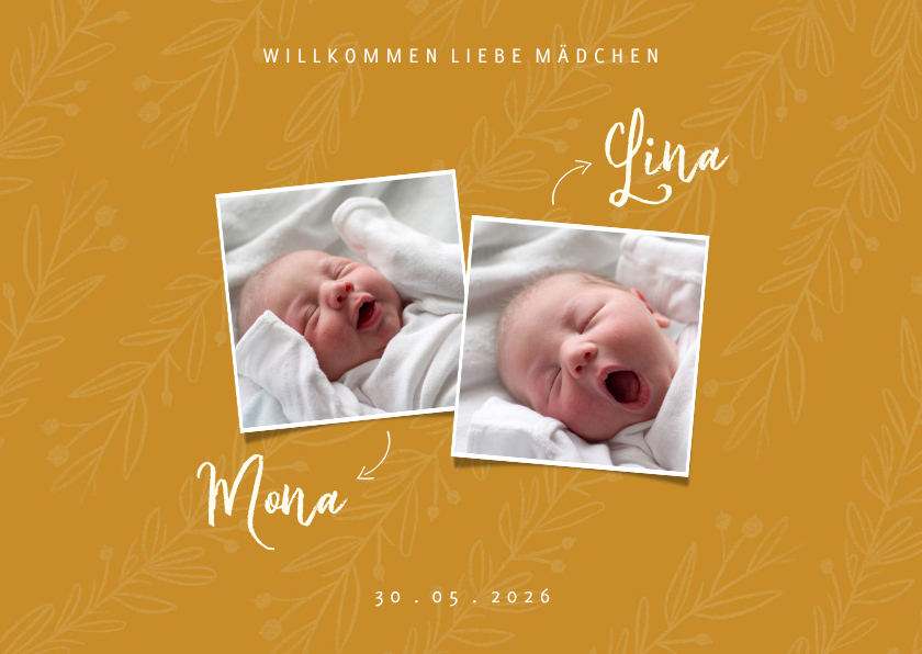 Geburtskarten - Geburtskarte Zwilling ocker botanisch mit Fotos
