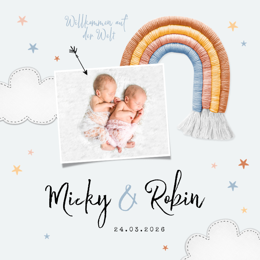 Geburtskarten - Geburtskarte Zwilling Stoffregenbogen, Wolken, Sterne & Foto