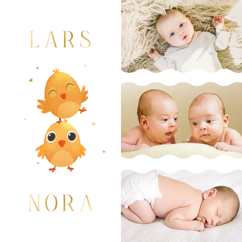 Geburtskarten - Geburtskarte Zwillinge Küken mit Fotocollage & Golddruck