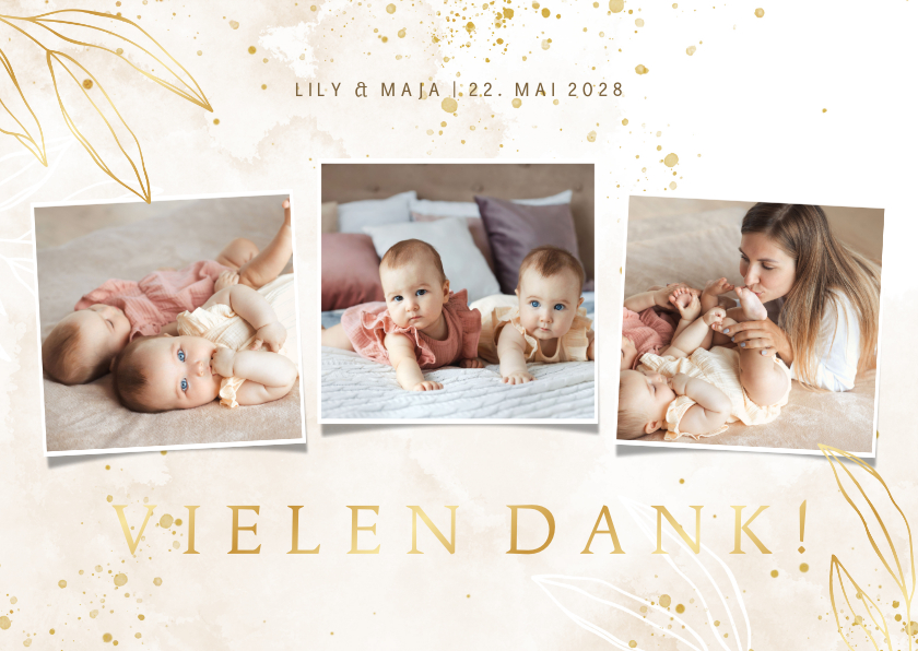 Geburtskarten - Geburtskarte Zwillinge Pünktchen, Zweige & Fotocollage