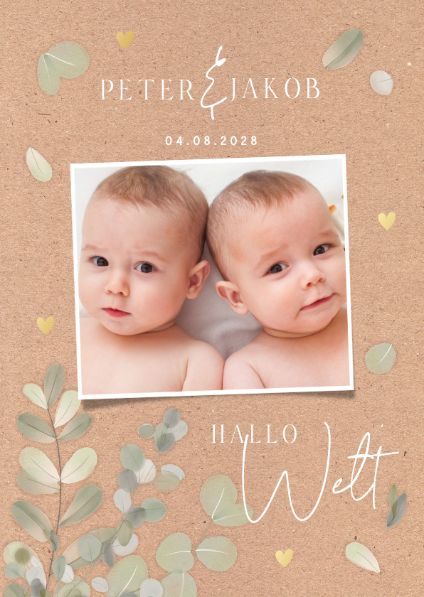 Geburtskarten - Zwilling Geburtskarte Kraft, Golddruck & zarte Blätter