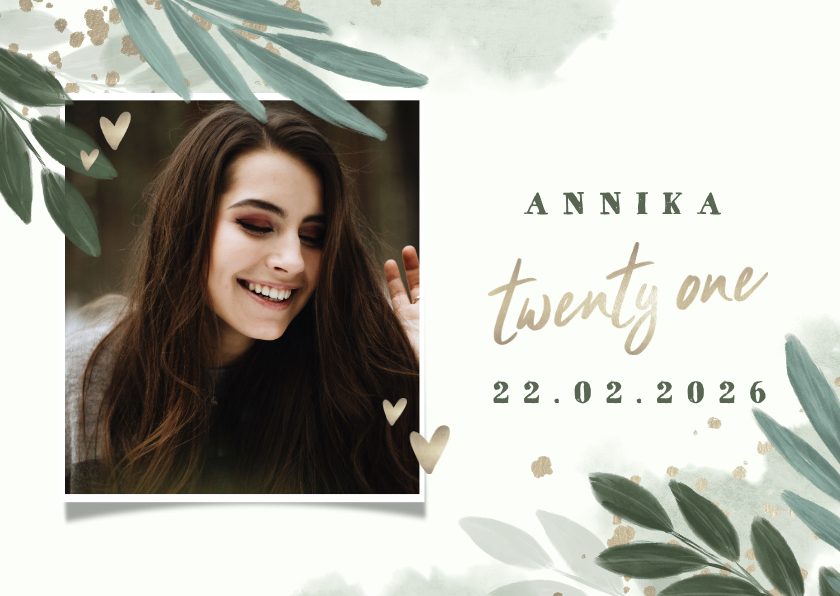 Geburtstagseinladungen - Einladung 21. Geburtstag mit Blättern, Foto und Herzen
