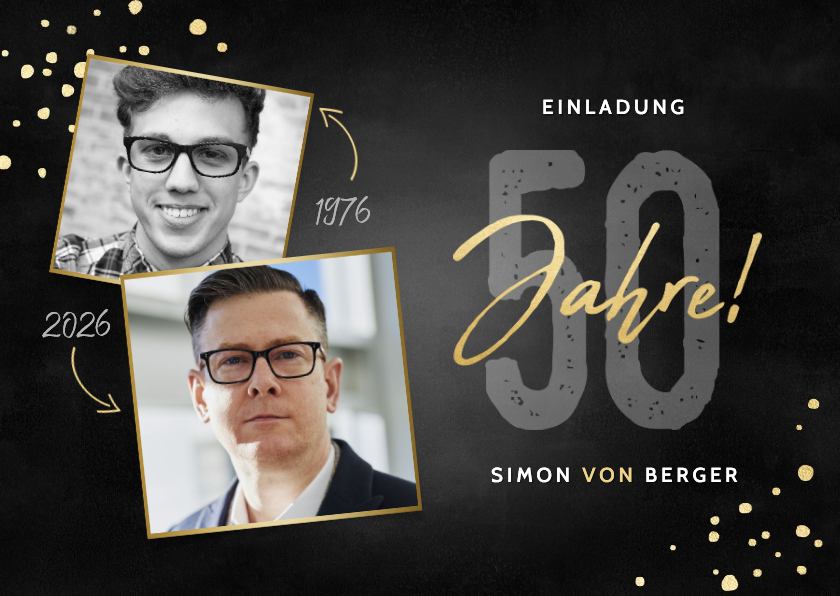 Einladung 50. Geburtstag mit Konfetti & zwei Fotos - Geburtstagseinladungen Geburtstagseinladungen - Einladung 50. Geburtstag mit Konfetti & zwei Fotos