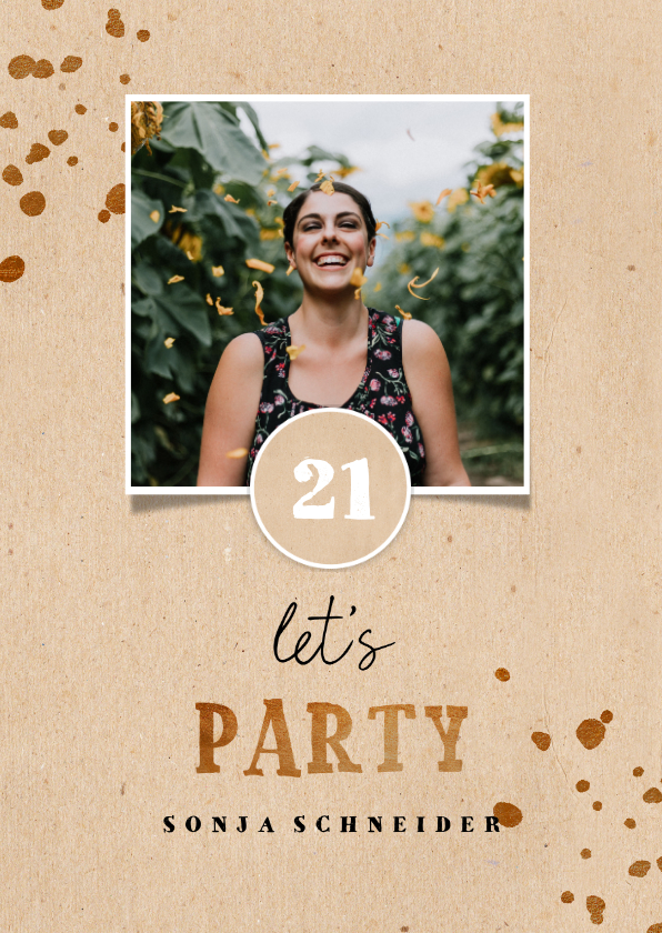 Geburtstagseinladungen - Einladung 'let's party' zum 21. Geburtstag in braun mit Foto