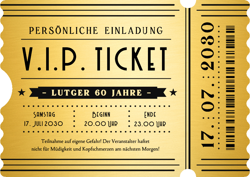 Geburtstagseinladungen - Einladung Ticketkarte gold V.I.P. 60. Geburtstag