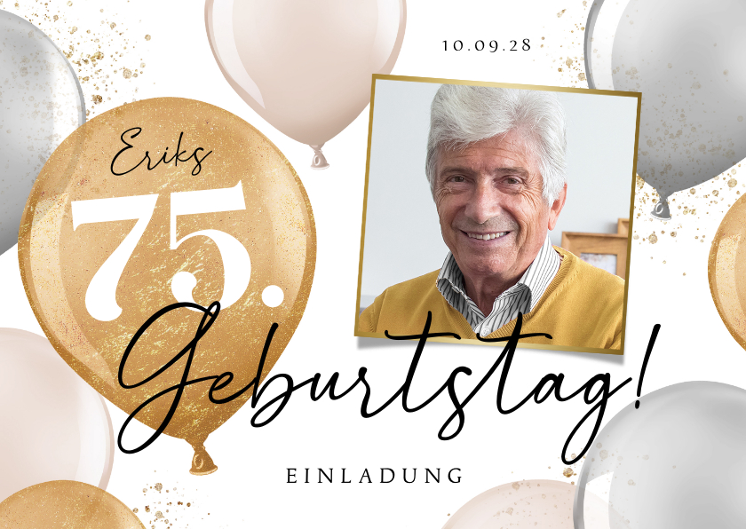 Geburtstagseinladungen - Einladungskarte 75. Geburtstag Foto und Luftballons
