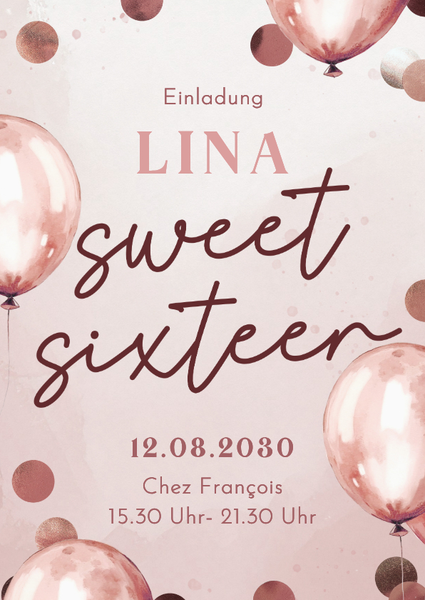 Einladungskarte Geburtstag 'Sweet Sixteen' rosa Luftballons - Geburtstagseinladungen Geburtstagseinladungen - Einladungskarte Geburtstag 'Sweet Sixteen' rosa Luftballons