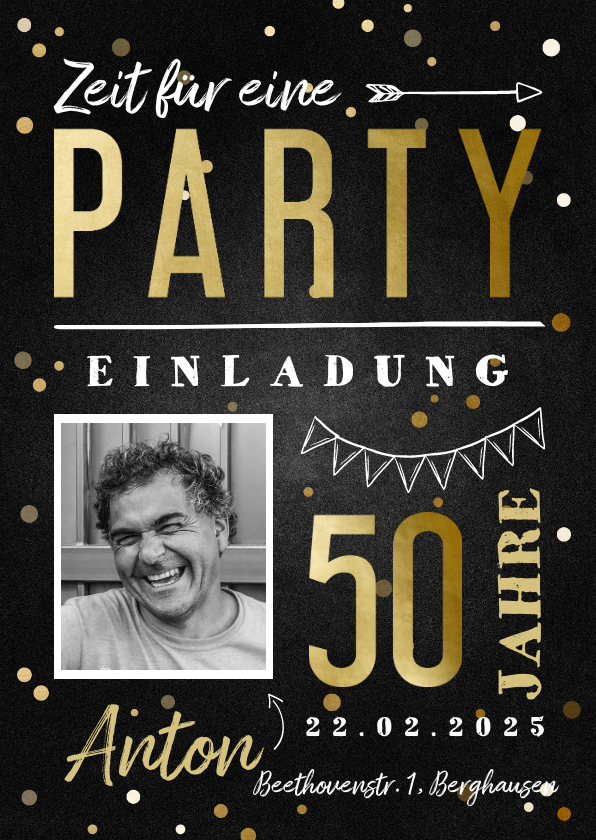 Geburtstagseinladungen - Einladungskarte hip 50. Geburtstag mit Foto und Konfetti