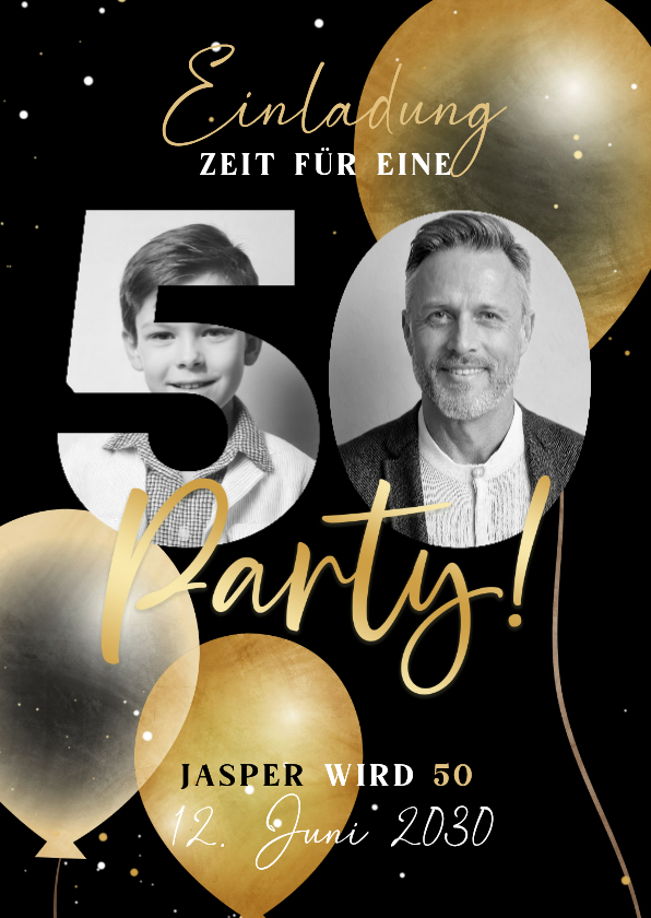 Einladungskarte schwarz 50. Geburtstag Fotocollage in Zahl - Geburtstagseinladungen Geburtstagseinladungen - Einladungskarte schwarz 50. Geburtstag Fotocollage in Zahl