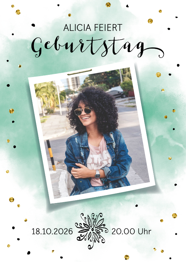 Geburtstagseinladungen - Einladungskarte zum 21. Geburtstag Wasserfarbe mit Foto