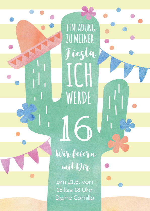 Geburtstagseinladungen - Einladungskarte zum Geburtstag Fiesta mit Kaktus