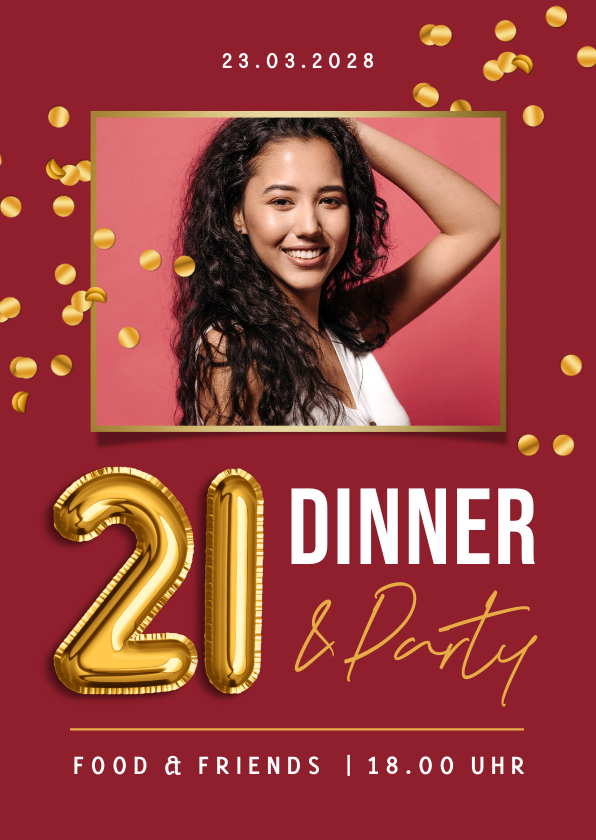 Geburtstagseinladungen - Foto-Einladungskarte rot Twentyone Dinner