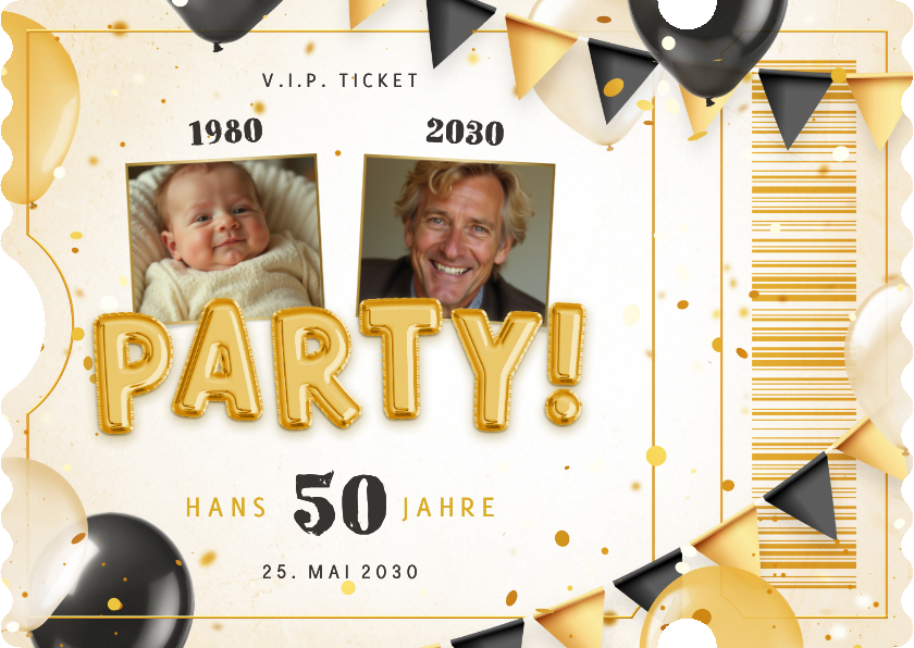 Geburtstagseinladungen - Foto-Geburtstagseinladung Ticket Party Luftballons Wimpel