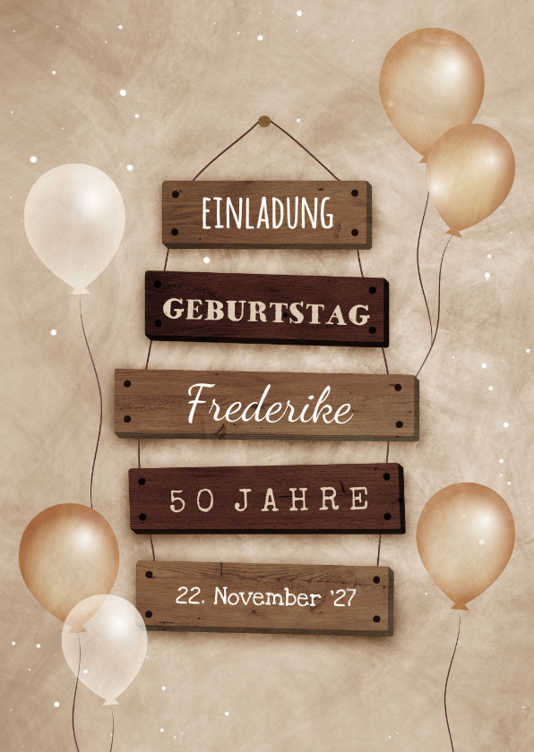 Geburtstagseinladungen - Geburtstagseinladung beige Schilder & Luftballons 