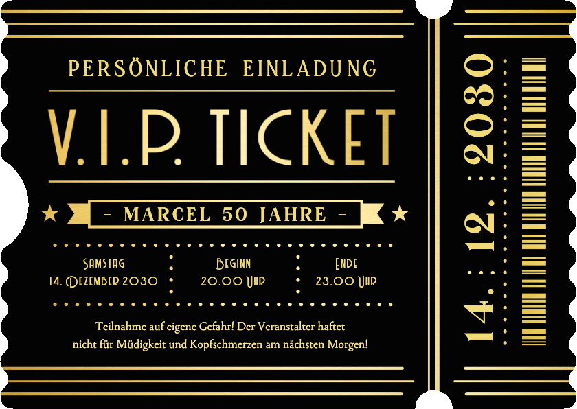Geburtstagseinladung Ticket original Ticketform VIP schwarz - Geburtstagseinladungen Geburtstagseinladungen - Geburtstagseinladung Ticket original Ticketform VIP schwarz