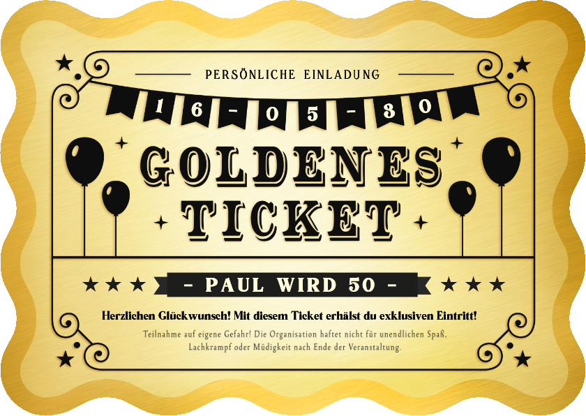 Geburtstagseinladung Wellenform Goldenes Ticket 50 Jahre - Geburtstagseinladungen Geburtstagseinladungen - Geburtstagseinladung Wellenform Goldenes Ticket 50 Jahre