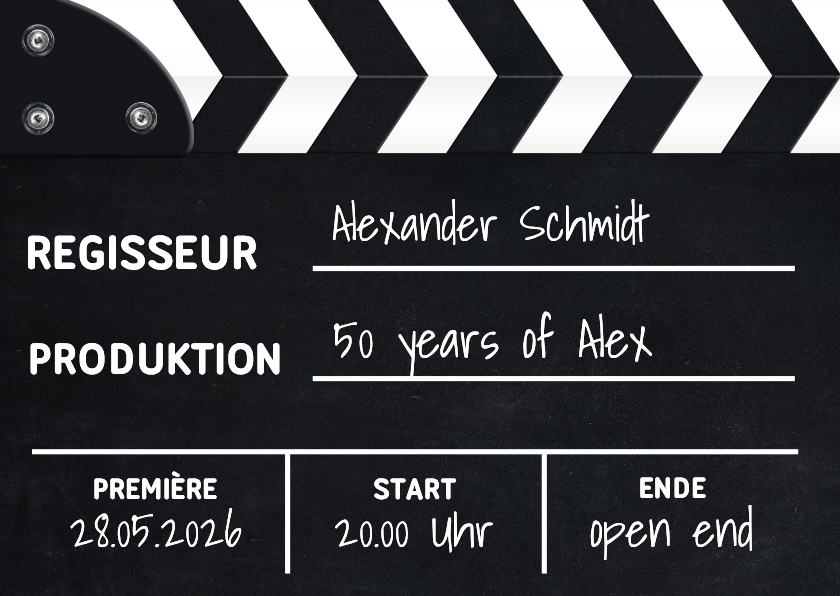 Geburtstagseinladungen - Mottoparty Film Einladung mit Filmklappe
