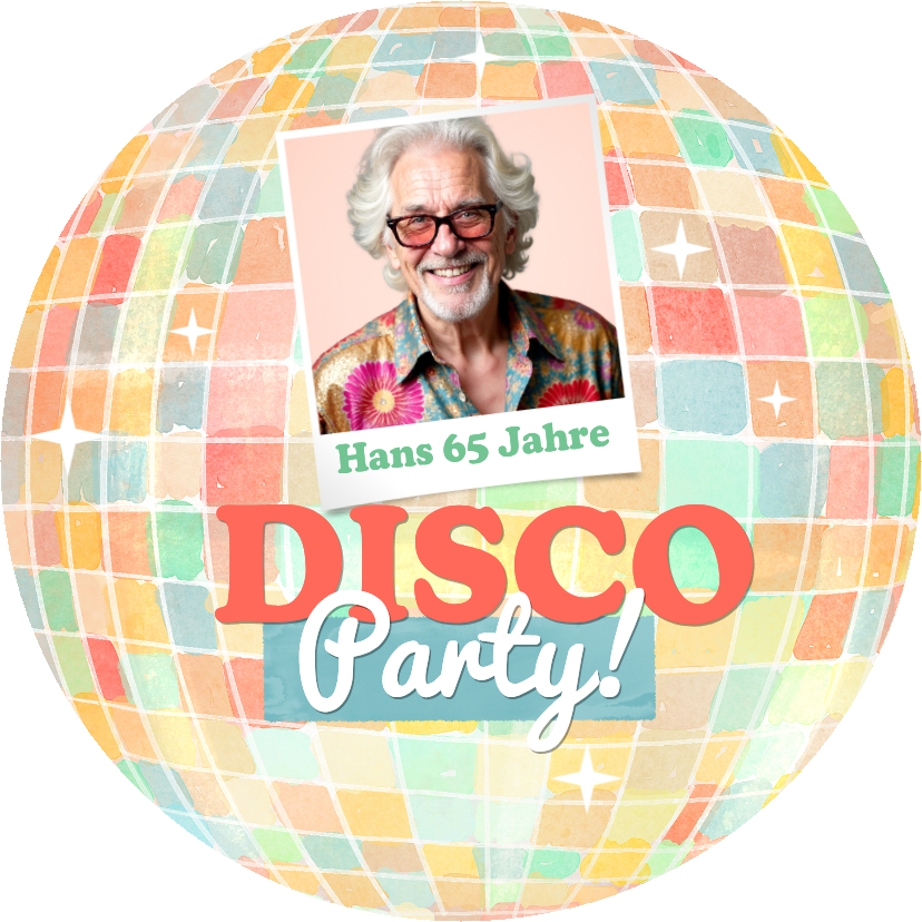 Runde Einladungskarte bunte Discokugel mit Foto - Geburtstagseinladungen Geburtstagseinladungen - Runde Einladungskarte bunte Discokugel mit Foto