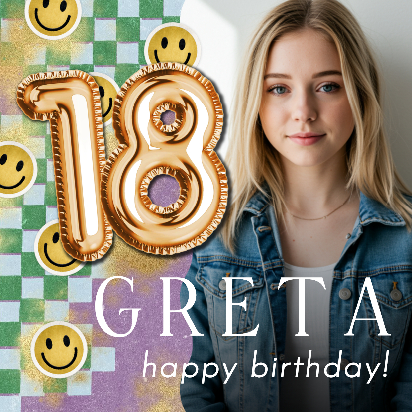Foto-Glückwunschkarte 18. Geburtstag Smileys & goldene 18 - Geburtstagskarten Geburtstagskarten - Foto-Glückwunschkarte 18. Geburtstag Smileys & goldene 18