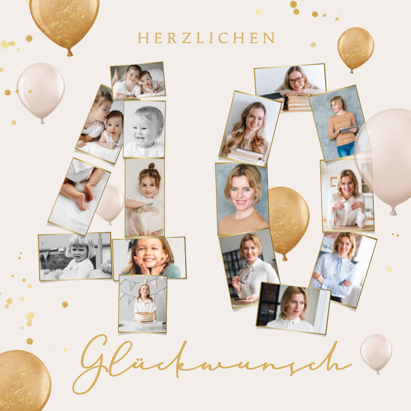 Geburtstagskarten - Geburtstagskarte 40 Fotocollage in Zahl Luftballons