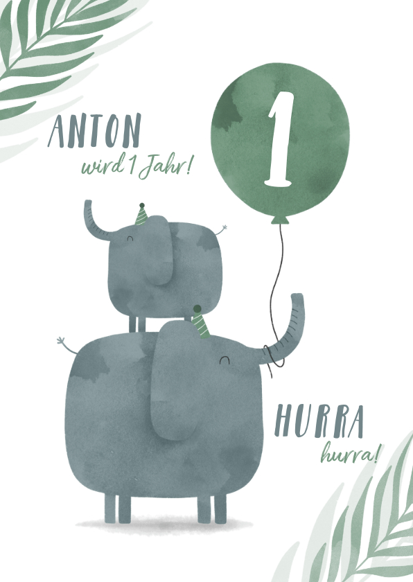 Geburtstagskarten - Geburtstagskarte Elefanten mit grünem Luftballon