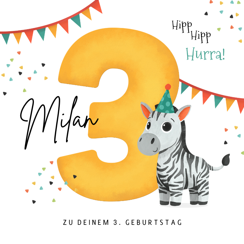 Geburtstagskarten - Geburtstagskarte gelbe 3 mit Zebra