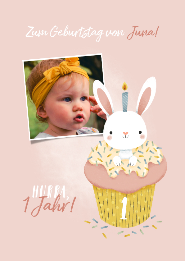 Geburtstagskarten - Geburtstagskarte Mädchen 1 Jahr Cupcake & Kaninchen