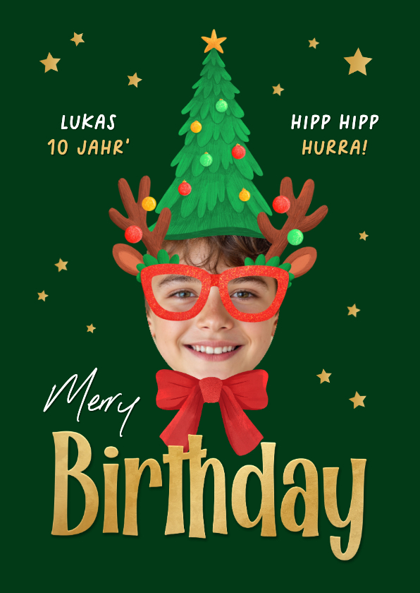 Geburtstagskarten - Geburtstagskarte Weihnachtself Foto Gesicht Brille und Hut