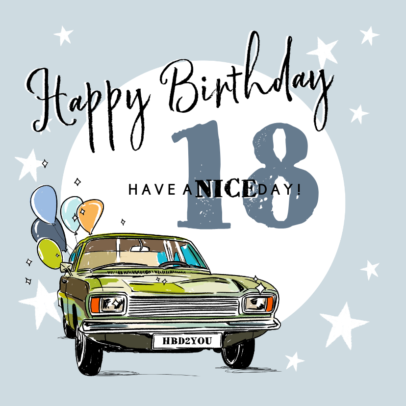 Glückwunschkarte 18. Geburtstag mit Auto & Luftballons - Geburtstagskarten Geburtstagskarten - Glückwunschkarte 18. Geburtstag mit Auto & Luftballons